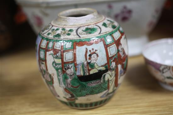 An 18th Chinese famille rose tureen and cover, a similar bowl and crackleglaze jar tureen height 27cm